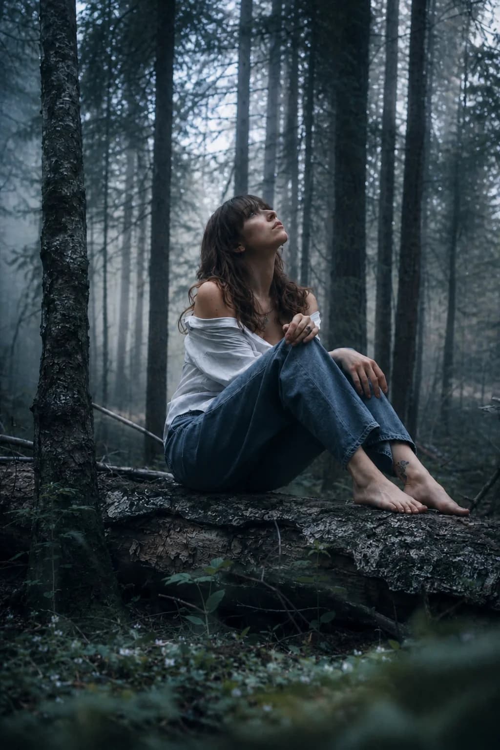 Фотография девушки в лесу в холодном тоне